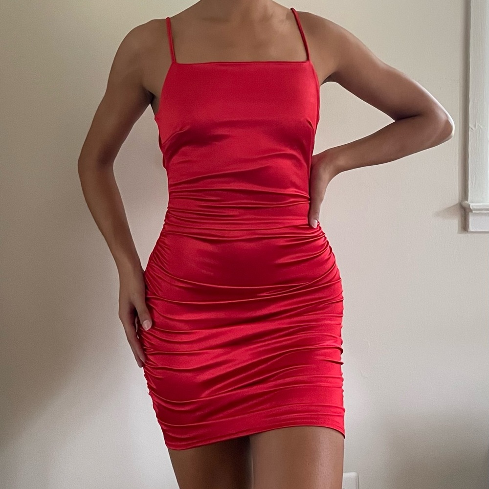 Red Strap Ruched Cut Out Back Tie Bodycon Mini Dress